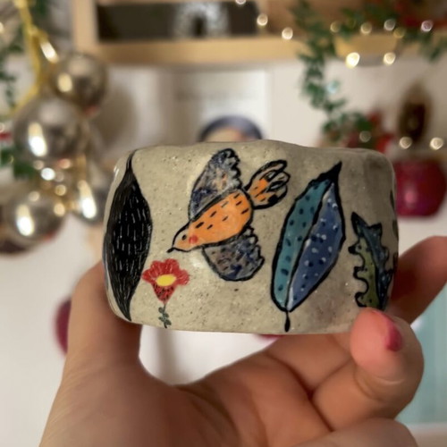 Whimsy ceramic botanical mug, handmade