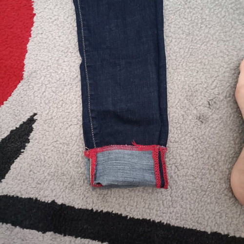 Elastic denim pants new, s-m, dark blue with red details