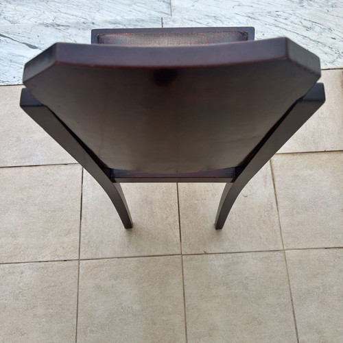 Set of 4 vintage solid wood dining chairs with original burgundy leather seats, Art Deco style