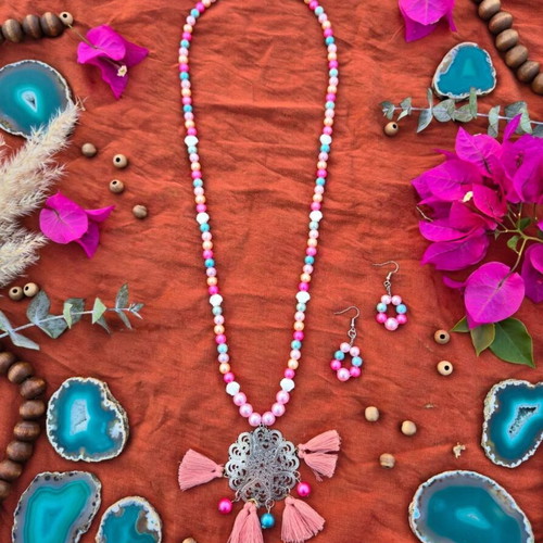 Bohemian tassel long necklace and earrings set colorful, handmade