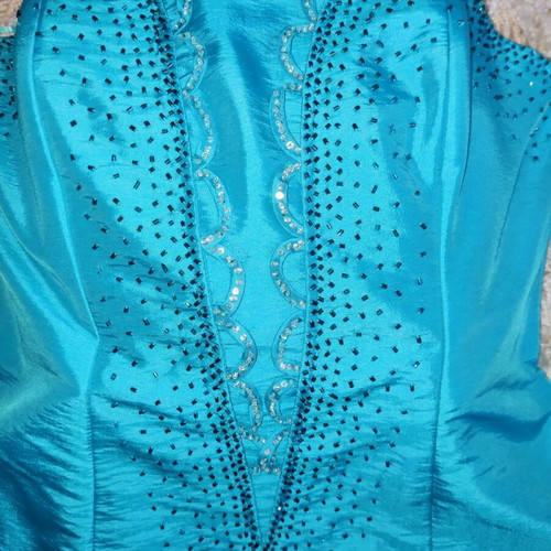 Strapless satin dress turquoise like new with embroidery and rhinestones
