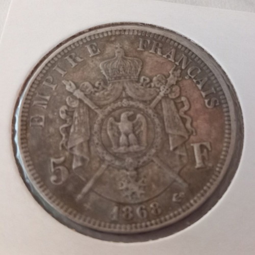 Silver coin 5 francs France 1868 used