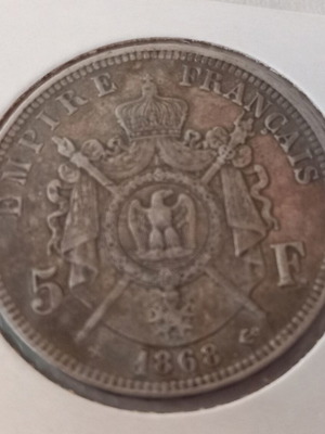 Silver coin 5 francs France 1868 used