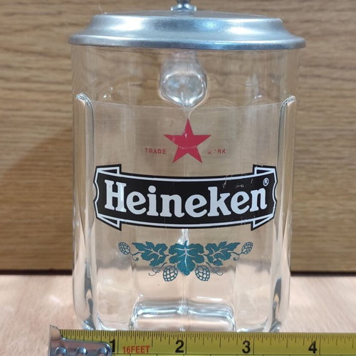Heineken beer glass mug 500ml used with metal lid from Athenian Brewery