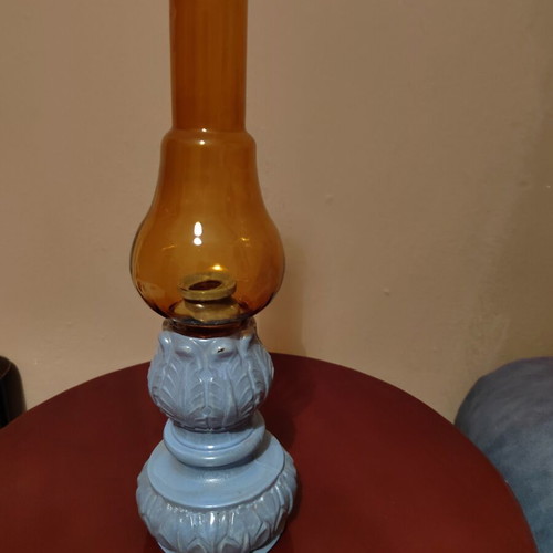 Vintage oil lamp collectible with brown glass chimney like new