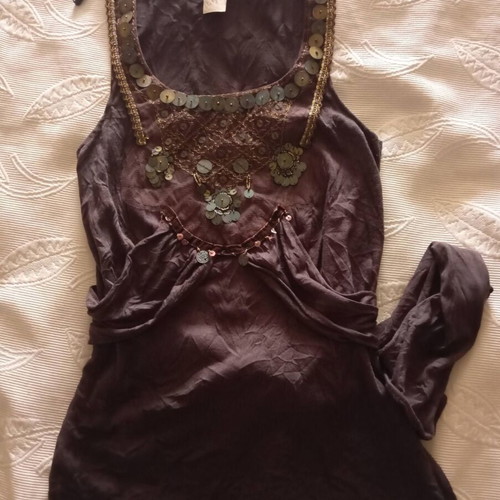 Vintage Y2K Vicky K Boho Top brown with embroidered coins and back tie, like new