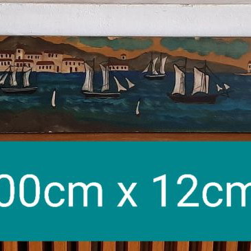 Artwork used with sea, ships and harbor image on wooden board