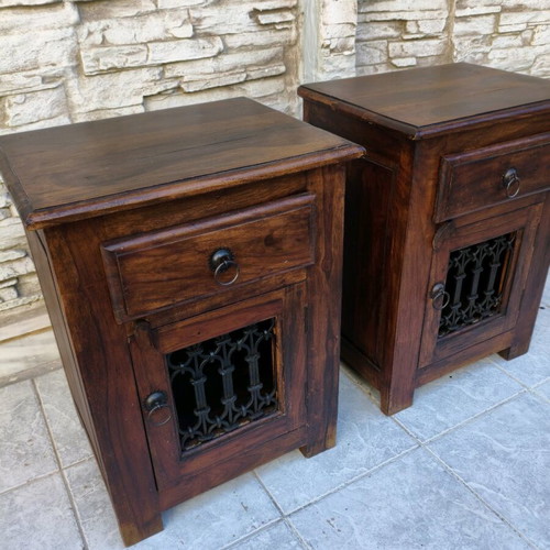 Set of 2 solid wood nightstands with metal details like new