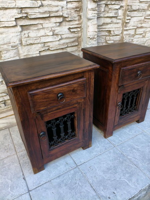 Set of 2 solid wood nightstands with metal details like new
