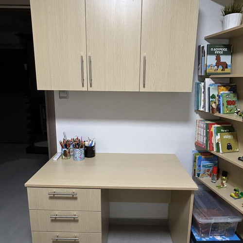 Desk with shelves, cabinets and bookcase