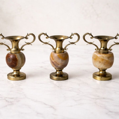 Decorative amphorae set of 3 from brass and onyx like new