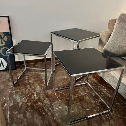 Cross set of 3 nesting side tables by ENTOS, black glass and chrome