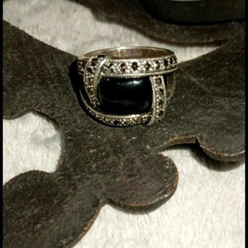 Art Deco silver 925 ring with marcasite and black zircon, cabochon onyx