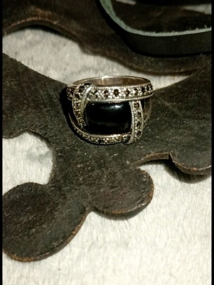 Art Deco silver 925 ring with marcasite and black zircon, cabochon onyx