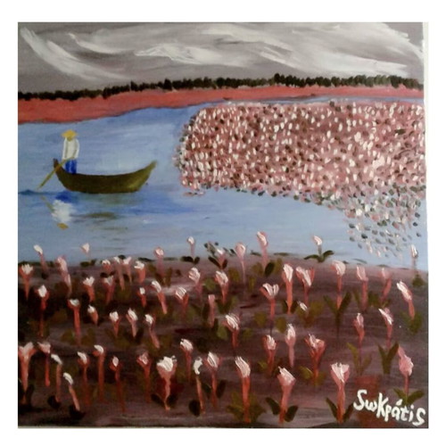 The Pink Waterlilies Lake Original Oil Painting by Swkratis New