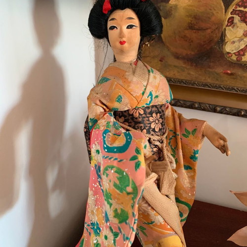 Japanese Geisha Doll used, 1960s with handmade clothes on wooden base