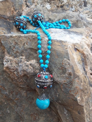 Handmade long necklace with antique metal beads and turquoise