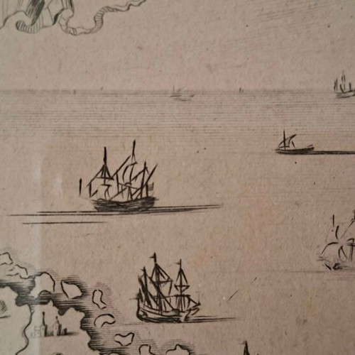 Engraving of Rhodes 1687 by O. Dapper used, copperplate with frame