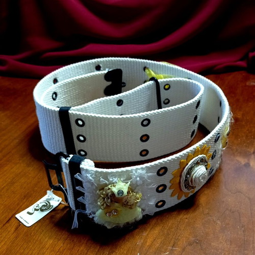 Wide adjustable white women's belt 105cm with handmade vintage decoration