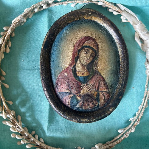 Antique Russian Orthodox Virgin Mary icon in handmade wedding frame, 1890s