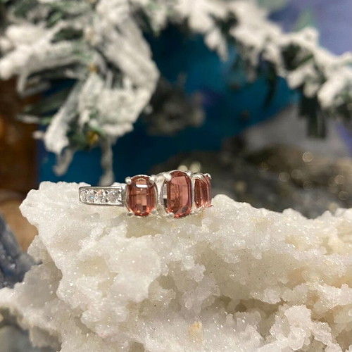 Handmade Silver Ring with Natural Pinkish Brown Tourmaline AA Quality and Moissanite
