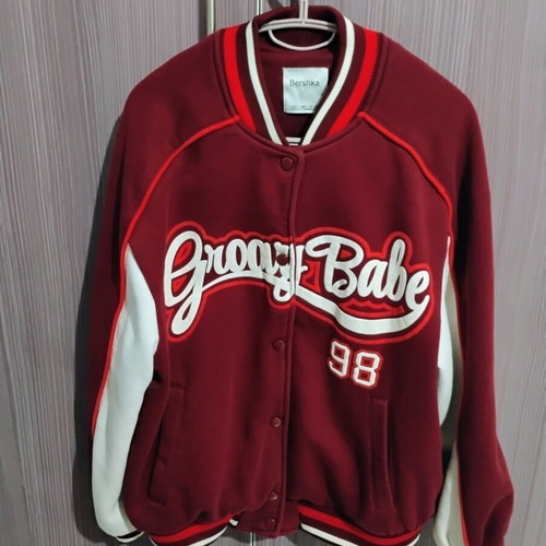 Bershka Varsity Jacket M Burgundy White like new