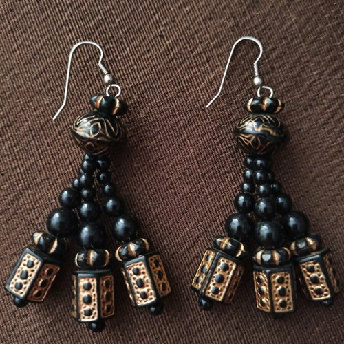 Handmade long ethnic boho tribal earrings like new, black-gold