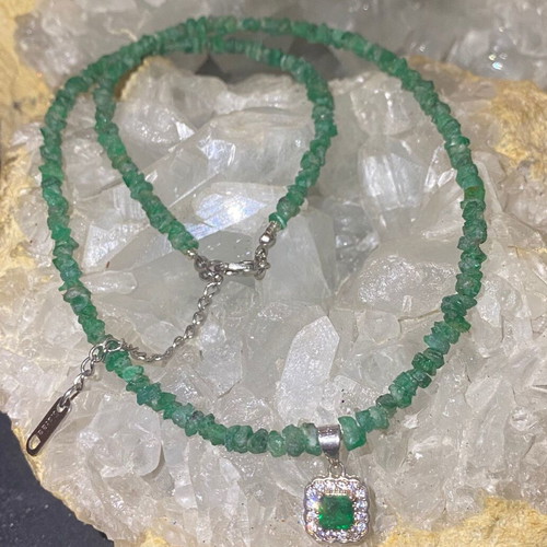 Handmade necklace with natural emeralds and moissanites, silver 925