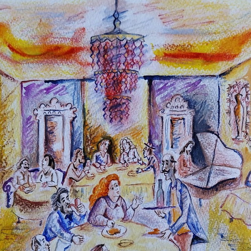 Restaurant Watercolor and Pastel Drawing New