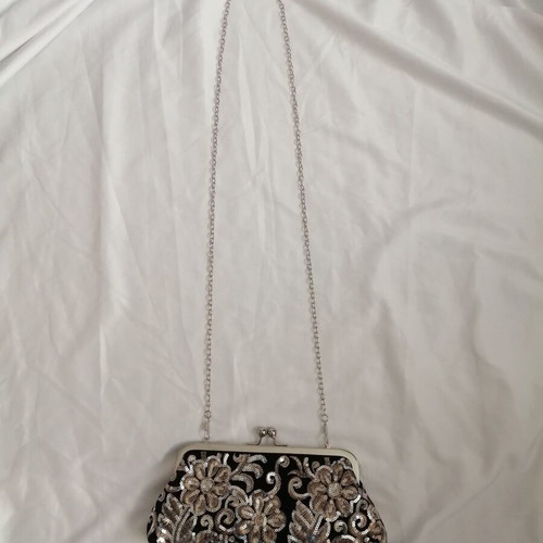 Elegant black clutch bag with sequins and floral embroidery, new