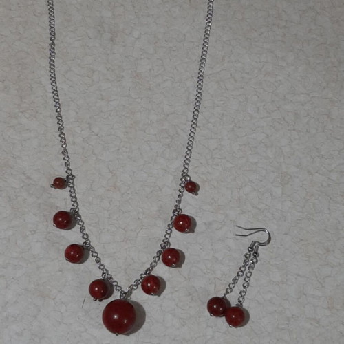 Necklace and earrings set with coral in steel, 50 cm length, new