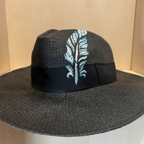 Men's black straw hat with handmade painted design like new