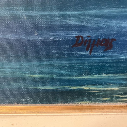 Large oil painting with palette knife, Greek seaside landscape by Dimas