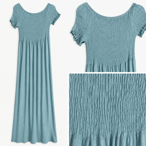 Boho Cotton Maxi Dress Sage Green Elastic Shirring One Size Plus