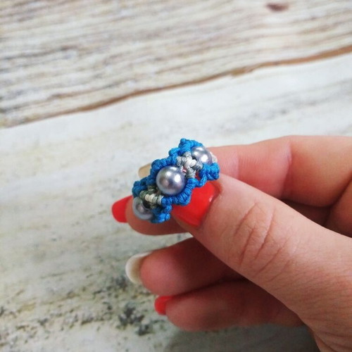 Macrame ring, handmade, blue and silver