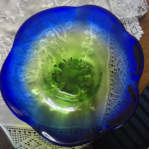 Handmade glass bowl like new, blue and lime green