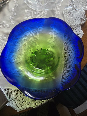 Handmade glass bowl like new, blue and lime green