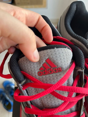 Adidas grey athletic shoes with red details, size 43 1/3