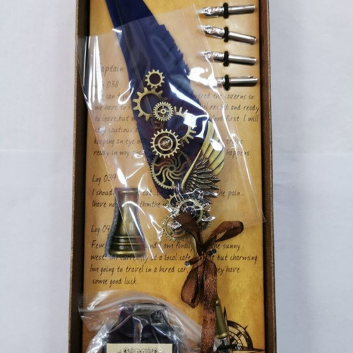 Calligraphy pen with feather new (blue, white, black, brown)