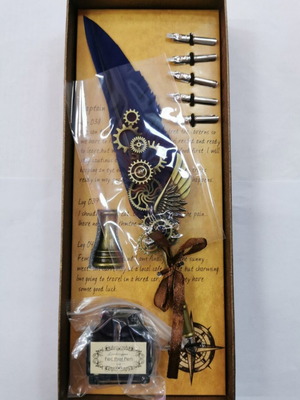 Calligraphy pen with feather new (blue, white, black, brown)