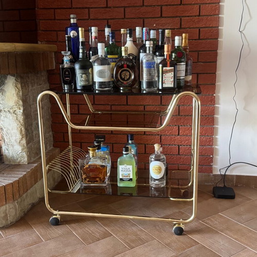 Italian 70s Trolley Bar Cart like new with smoked crystal and gold frame