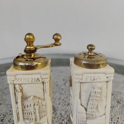 Italian vintage salt shaker and pepper mill set used, neoclassical style