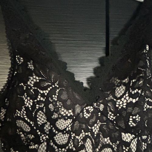 Elegant long dress with black lace and beige lining, like new