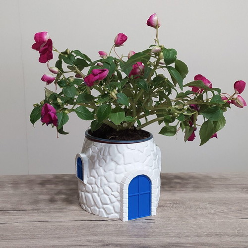 3D Printed Stone House Planter with Blue Door, New Greek Decor