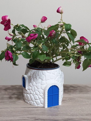 3D Printed Stone House Planter with Blue Door, New Greek Decor