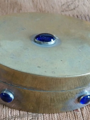Brass box with mirror used, blue stones and enamel