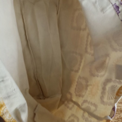 Beach bag with matching cotton shoulder bag and pouch, new, purple and yellow