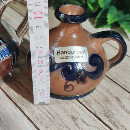 Merkelbach German collector's miniature jugs set of 2, hand-crafted salt glaze