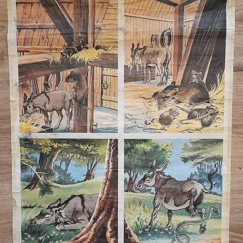 Vintage educational poster 'The Donkey and the Mouse' school chart 55x45 cm