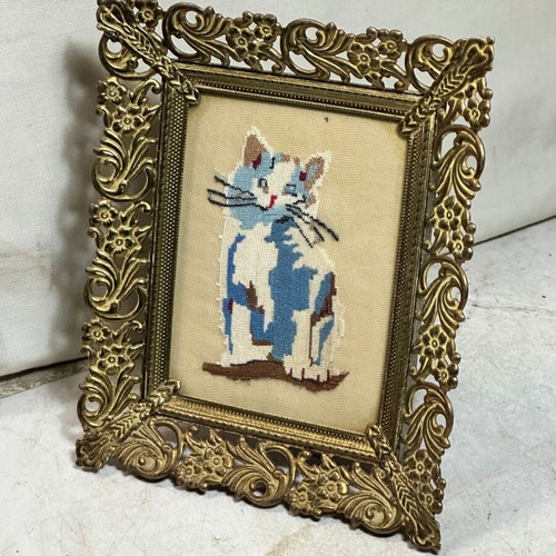 Vintage decorative frame with handmade cat embroidery, used